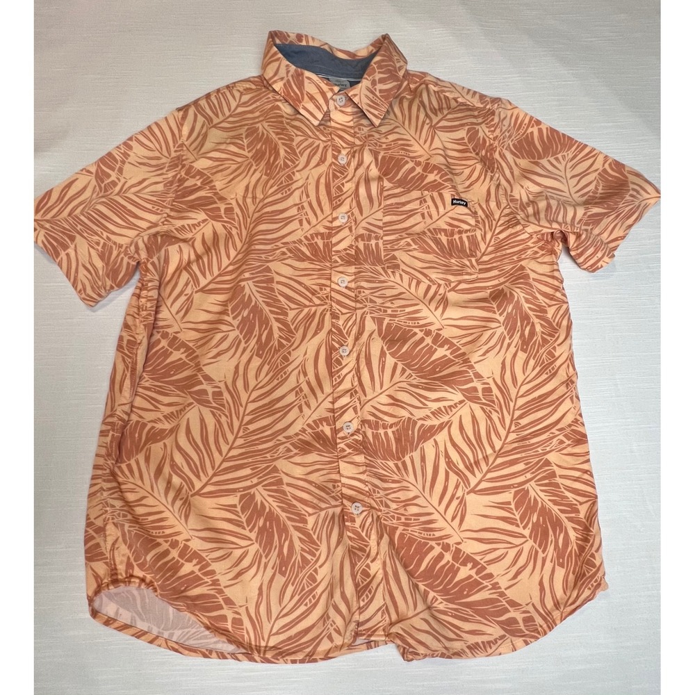 Hurley Mens Short Sleeve Button Down Shirt Orange Palm Leaf Tropical Rayon Med